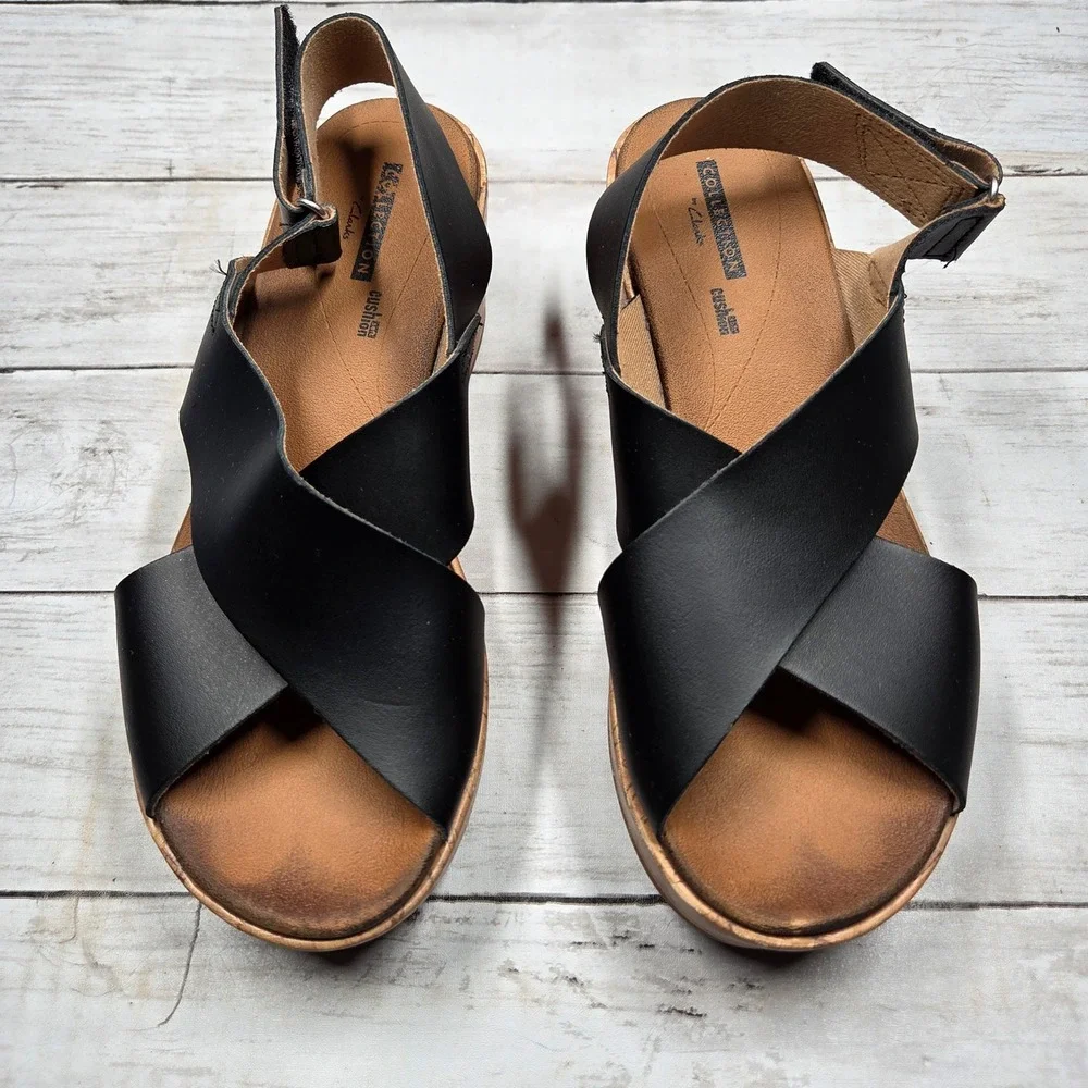 Clarks Collection Wedge Sandals Black Leather Platform Womens 8 Cork Slingback